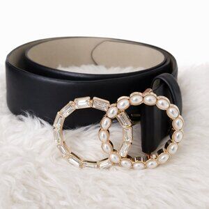 Vince Camuto Statement Belt Pearl Rhinestone Double Circle Buckle Black NWOT M/L